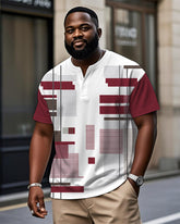 Men's Plus Size Daily Casual Red Geometric Print Henry Collar Button Short Sleeve T-Shirt